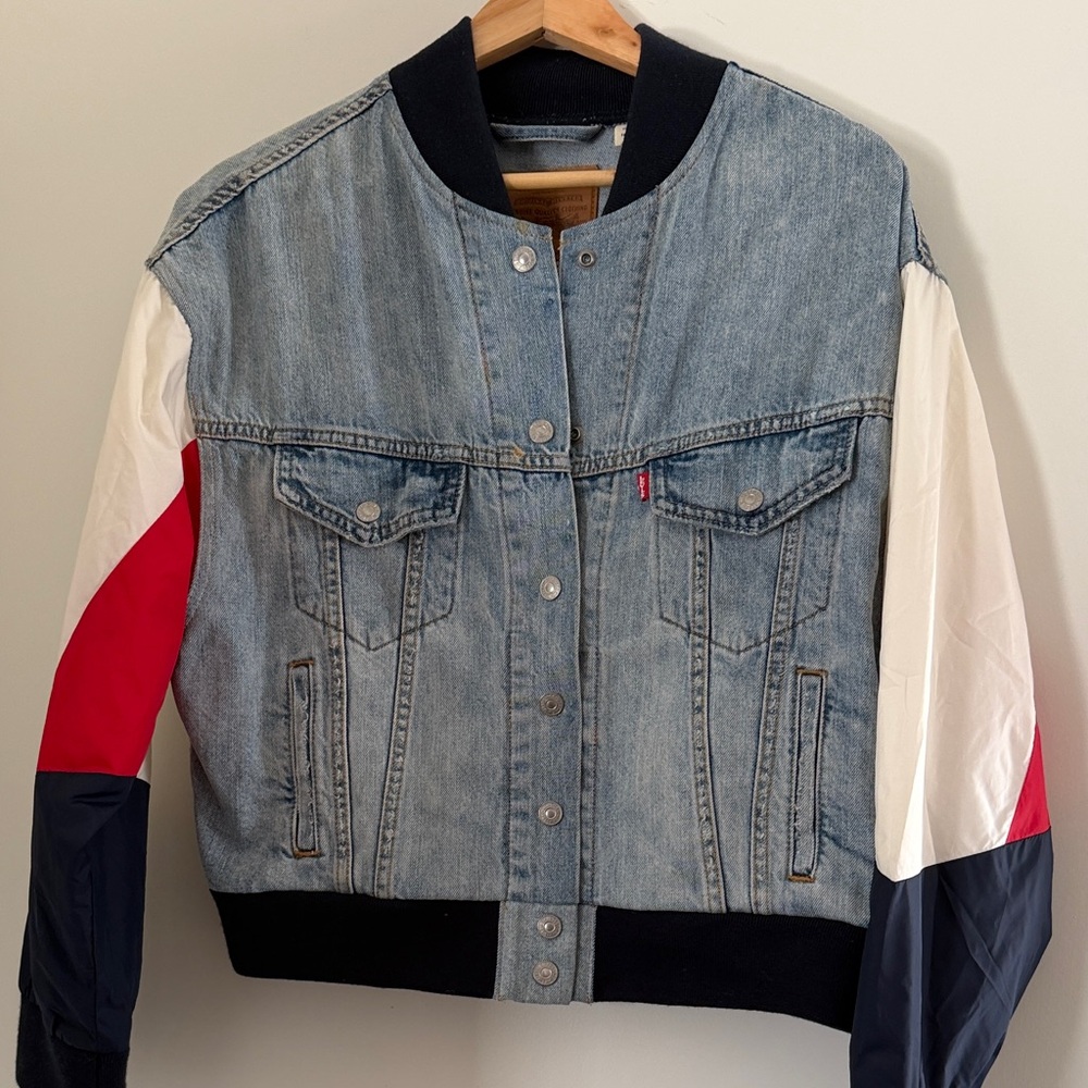 Levi's Light Wash Denim Jacket with Red, White & Navy Sleeves